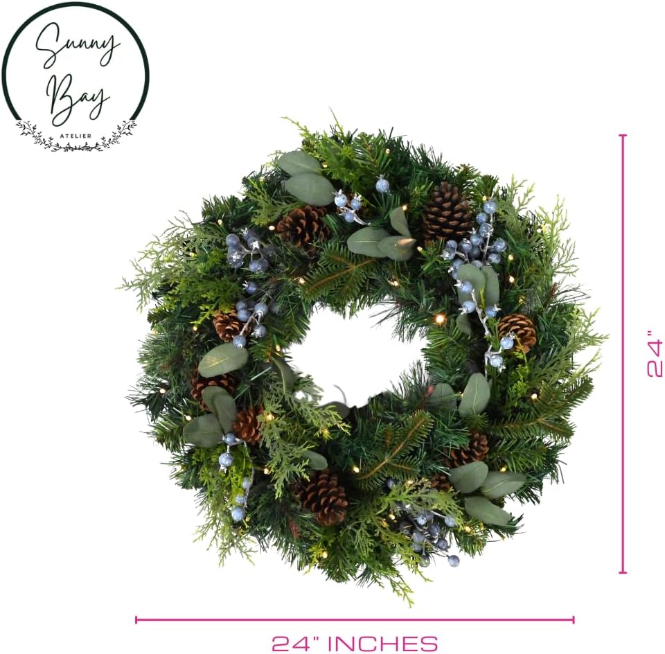 Prelit 24 Holiday Wreath – Lifelike Mixed Artificial Pine & Cedar with Blueberries and 50 Battery-Operated Color-Changing LED Lights, Steady, Twinkle Lights